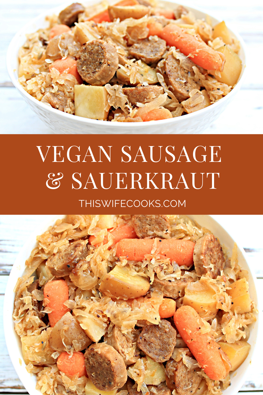 Crockpot Sausage and Sauerkraut ~ A hearty one-pot dinner with potatoes, carrots, garlic, onions, sauerkraut, and plant-based bratwurst. via @thiswifecooks