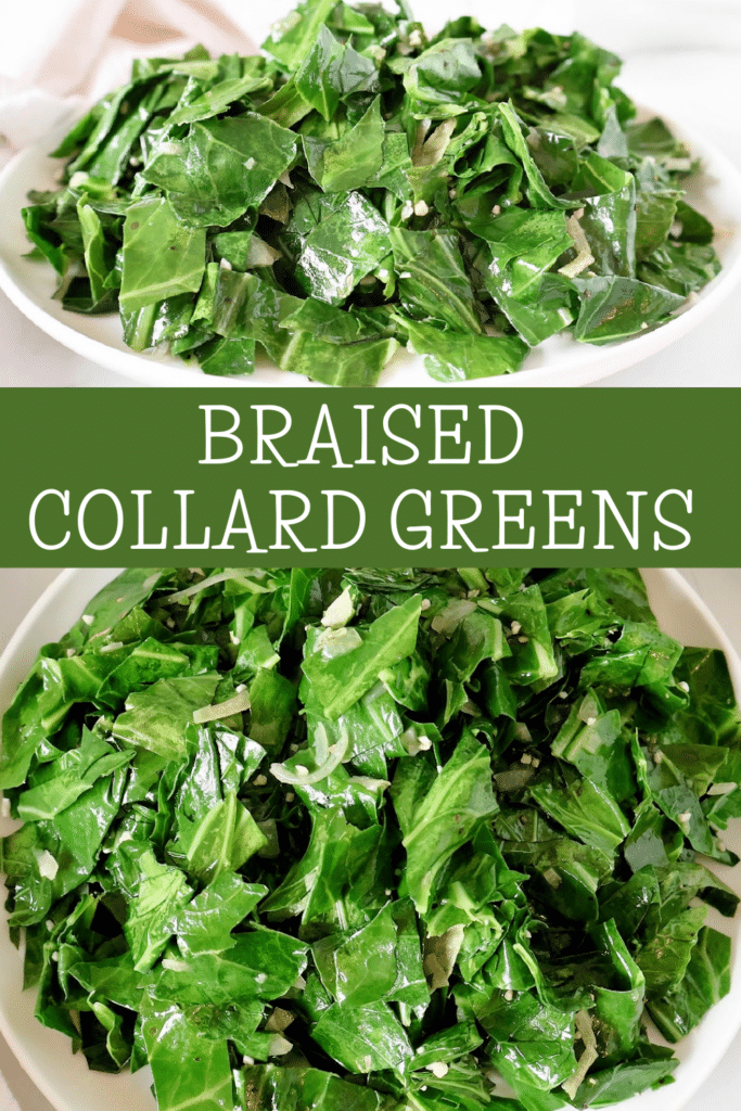 Braised Collard Greens ~ Southern-style greens slow-simmered with lots of garlic, onions, and simple seasonings. Vegetarian and vegan.