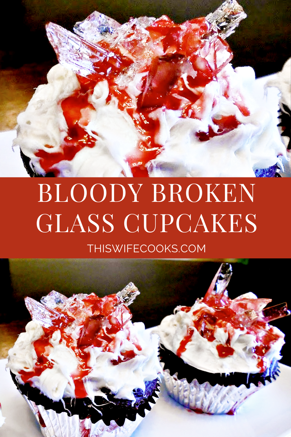 Frosted cupcakes decorated with edible homemade sugar-based "broken glass" and edible "blood." Easy to make and perfect for a Halloween party!  via @thiswifecooks