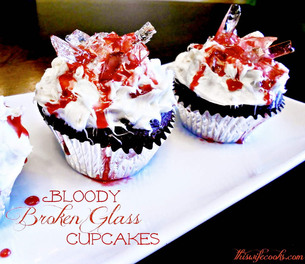 Bloody Broken Glass Cupcakes - Frosted cupcakes decorated with edible homemade sugar-based "broken glass" and edible "blood." Easy to make and perfect for a Halloween party!  
