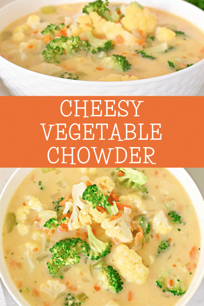 Cheesy Vegetable Chowder ~ A quick and comforting vegetable chowder packed with cheddar cheese and a medley of fresh vegetables. Vegan or Vegetarian.
