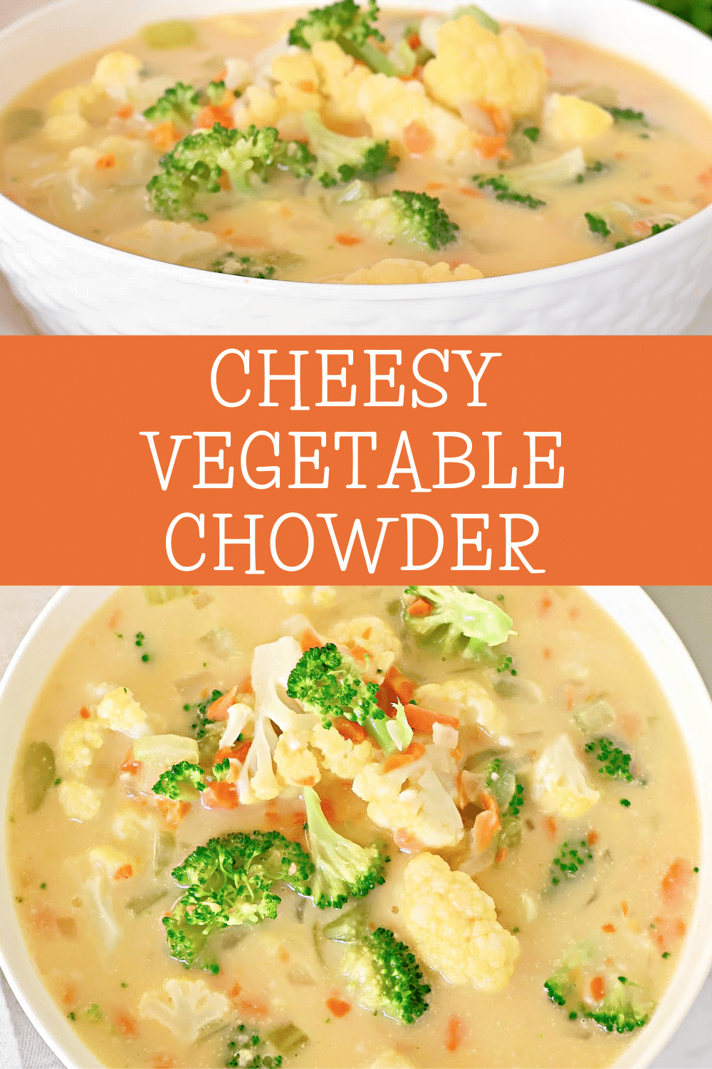 Cheesy Vegetable Chowder ~ A quick and comforting vegetable chowder packed with cheddar cheese and a medley of fresh vegetables. Vegan or Vegetarian. via @thiswifecooks