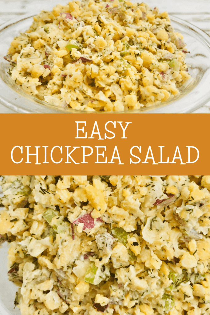 A bowl of chunky simple chickpea salad with chopped celery, red onion, and herbs. Text in the center reads Easy Chickpea Salad on an orange background.