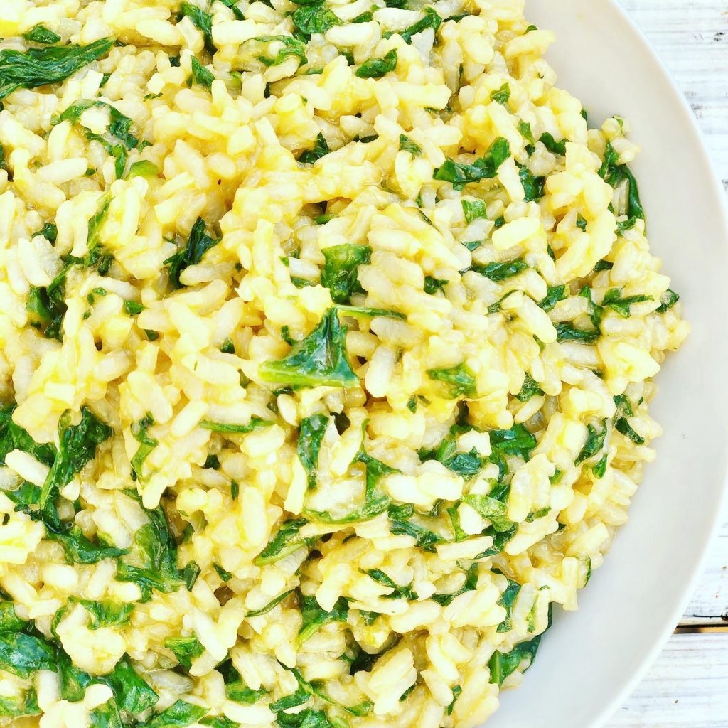 Vegan Spinach Risotto - A rich and creamy Italian comfort food meal made with fresh spinach, Arborio rice, and dairy-free feta cheese.