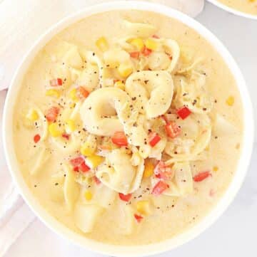 Vegetable Tortellini Chowder ~ Quick and hearty soup with tender vegetables, cheesy tortellini, and aromatic spices. Vegan or Vegetarian.