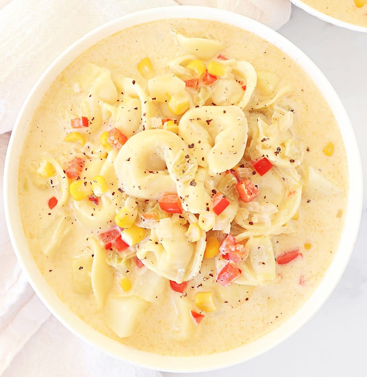 Vegetable Tortellini Chowder ~ Quick and hearty soup with tender vegetables, cheesy tortellini, and aromatic spices. Vegan or Vegetarian.