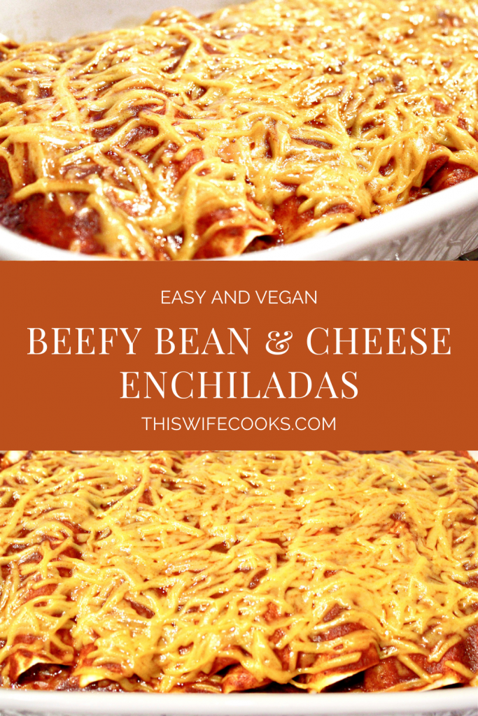 Beefy Bean and Cheese Vegan Enchiladas ~ These enchiladas are easy to make and perfect for feeding a crowd! Ready to serve in under an hour!