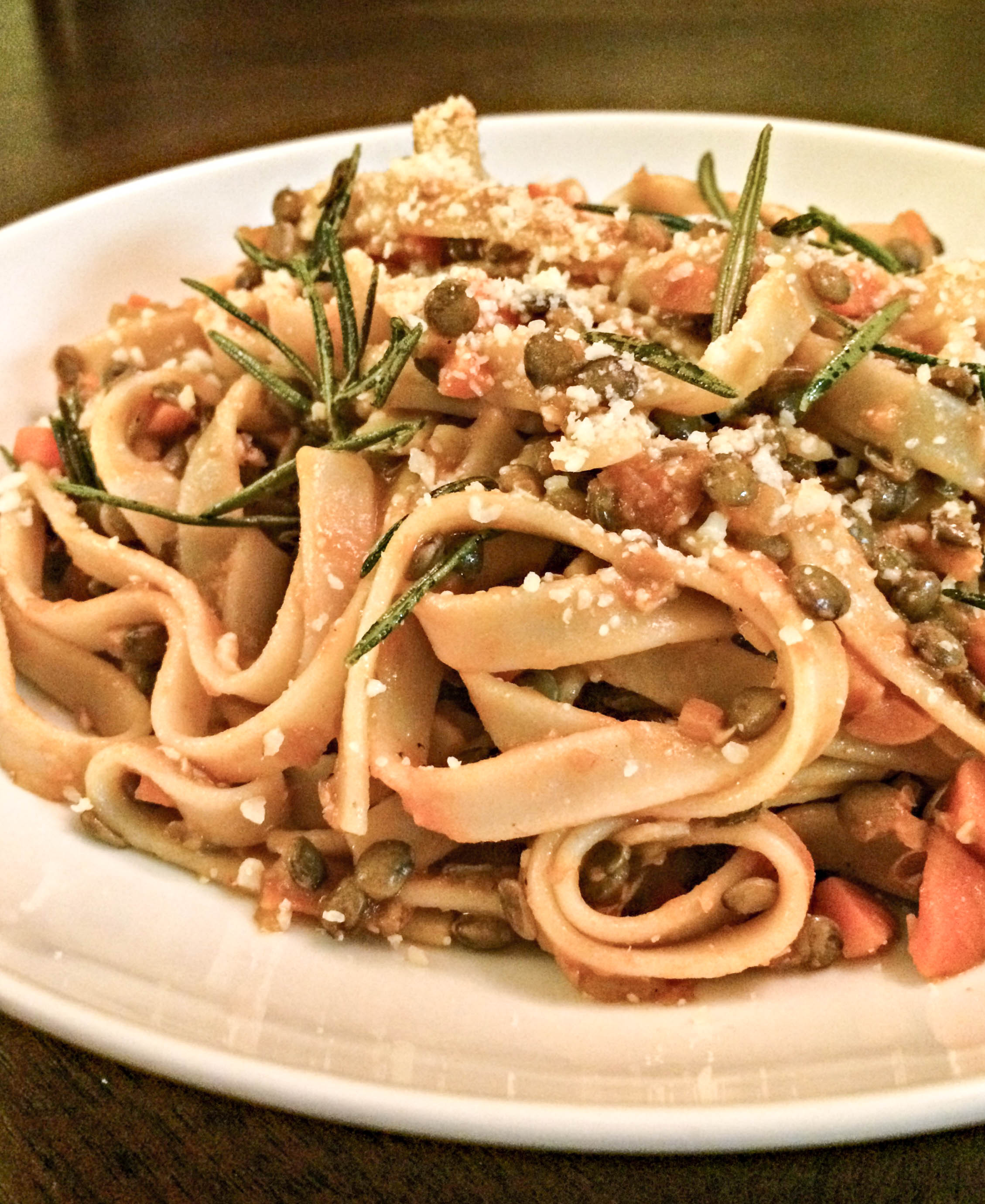 Vegan Lentil Bolognese with Fettuccine and Rosemary - Lentils replace the traditional ground beef in this hearty and fragrant version of an Italian classic. via @thiswifecooks