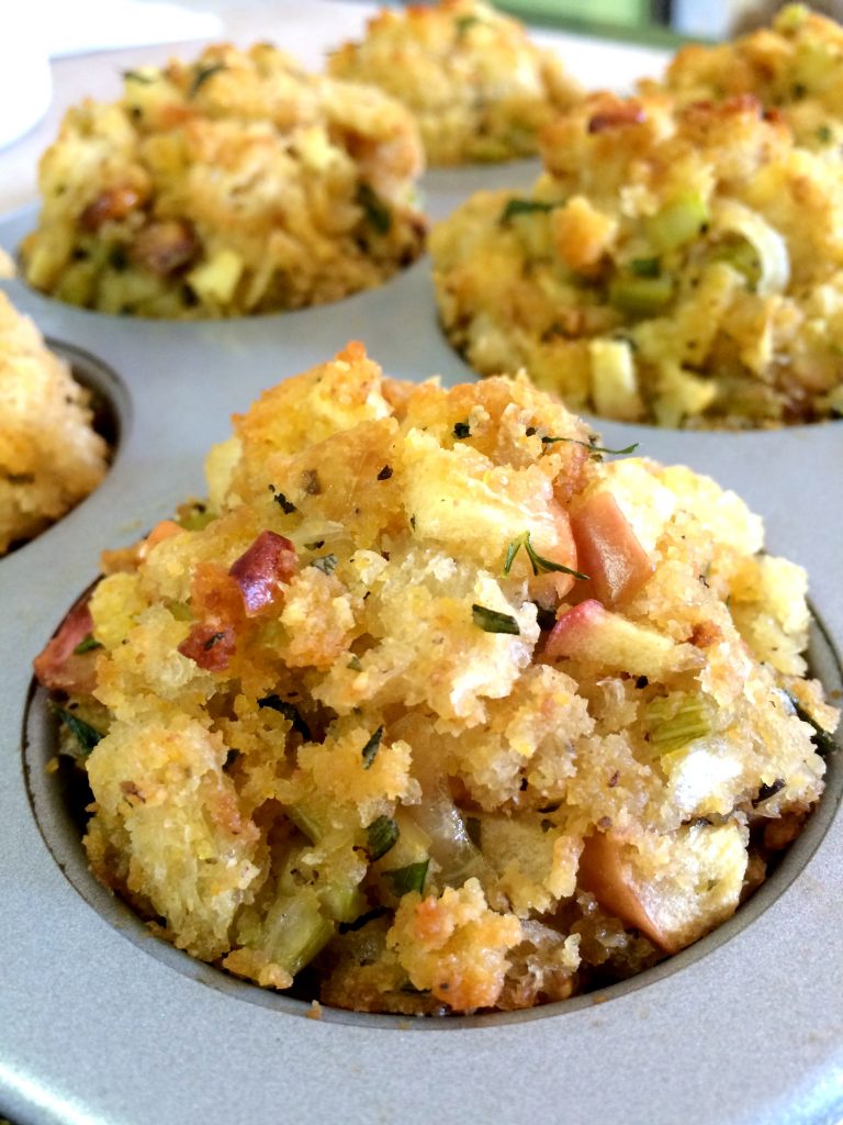 Sourdough Stuffing Muffins with Apple and Fresh Herbs - Perfectly portioned stuffing servings. Easy to prepare in advance and cook the day of the big feast!