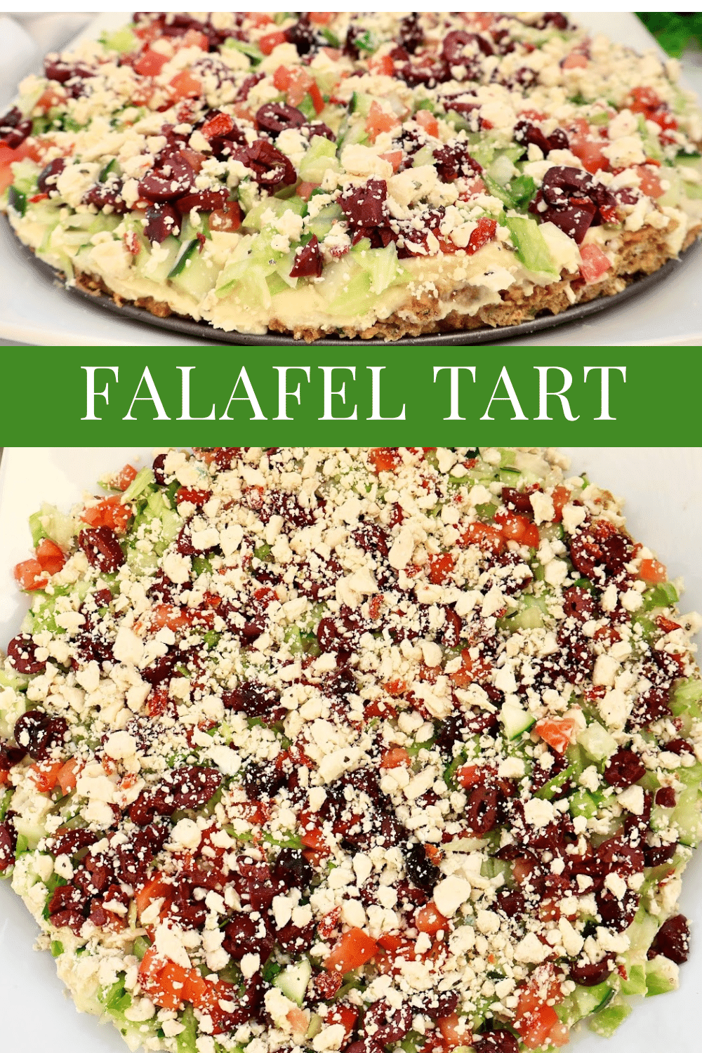 Falafel Tart is a baked falafel crust, layered with hummus, crisp veggies, and tangy feta. Head to the recipe card for full instructions. Vegetarian or Vegan. via @thiswifecooks