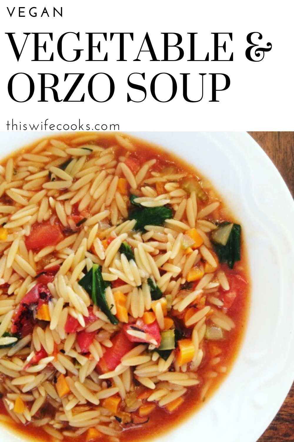 Vegan Vegetable and Orzo Soup - A hearty and colorful soup loaded with orzo pasta and veggies. Ready in under 30 minutes! via @thiswifecooks