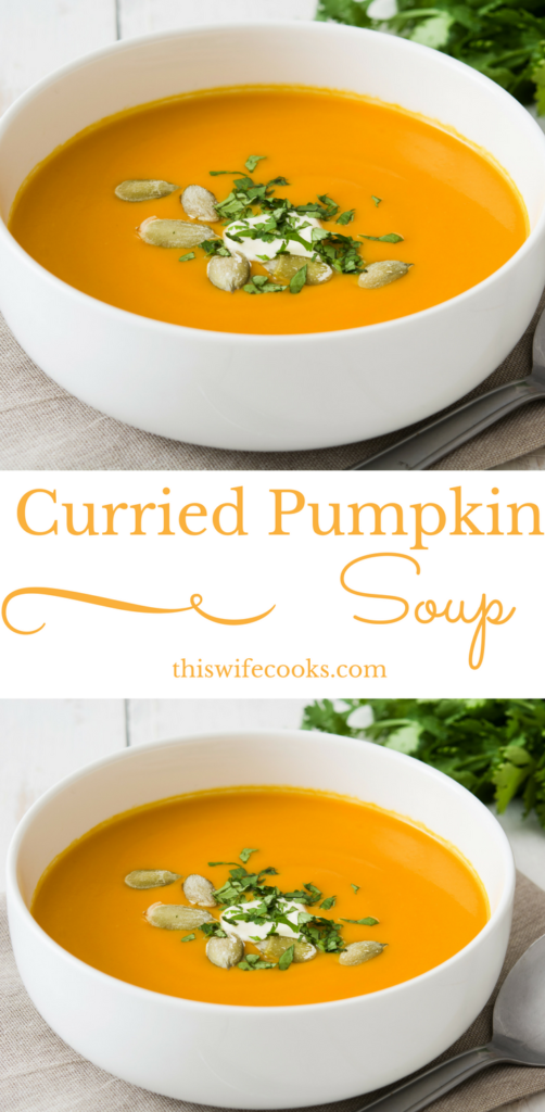 Vegan Curried Pumpkin Soup - Perfect with a salad for an easy lunch, this soup would also fit right in as a first course to Thanksgiving dinner.