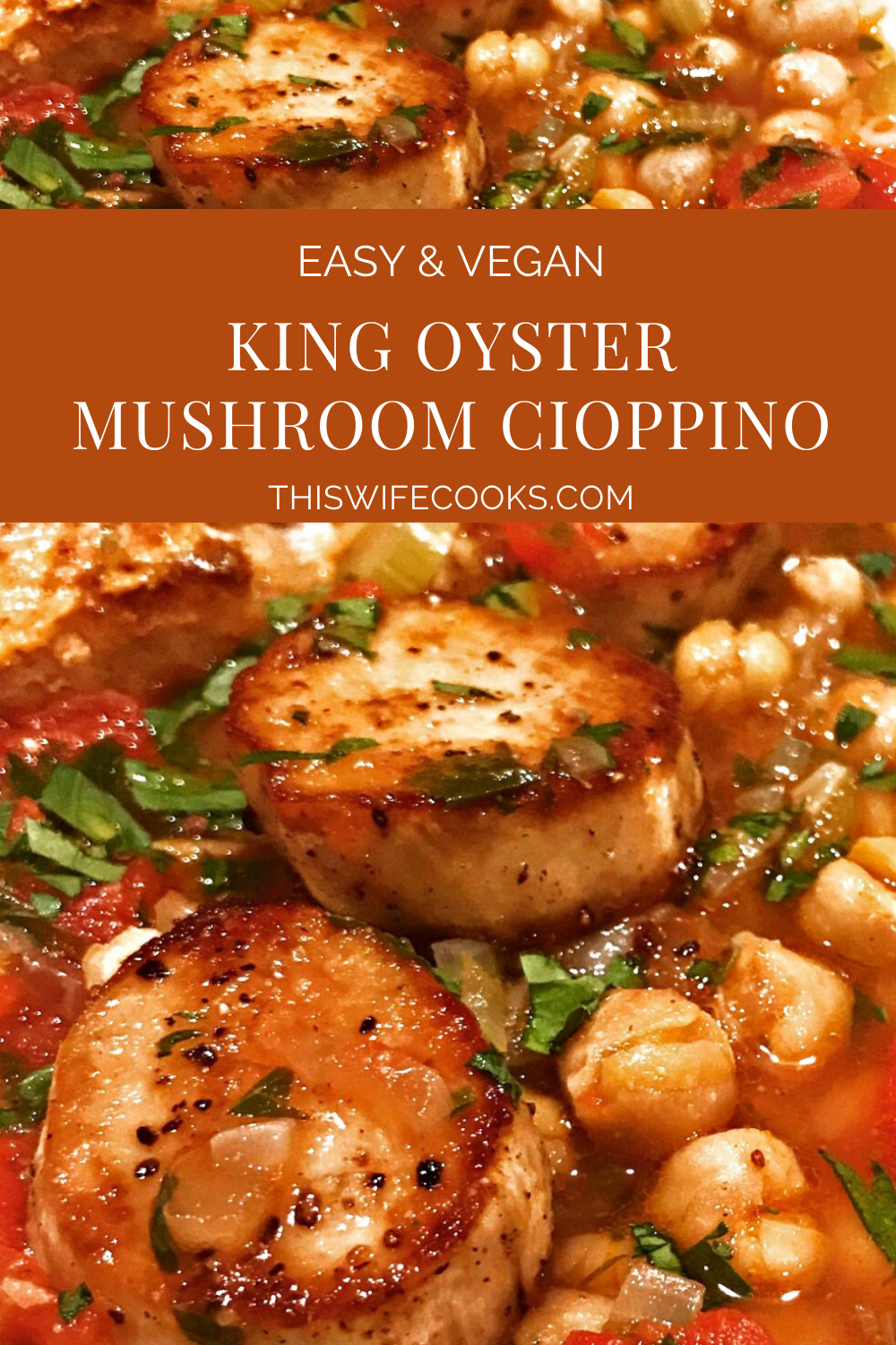 King Oyster Mushroom Cioppino - A gourmet vegan stew made with King Oyster mushroom scallops and seasoned with lots of garlic and Old Bay! #cioppino #veganseafoodrecipes via @thiswifecooks