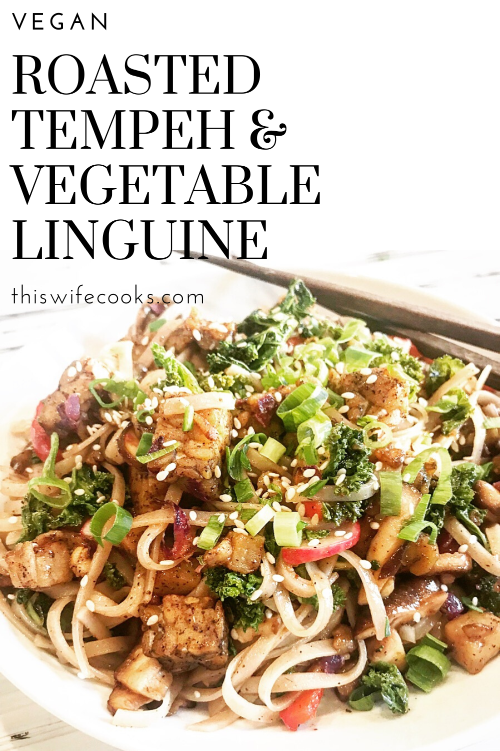 Roasted Tempeh & Vegetable Linguine Bowl - Roasted tempeh and turnips, shiitakes and red bell peppers, scallions, cabbage, kale, and radishes... all tossed together in a spicy sriracha hoisin sauce. via @thiswifecooks