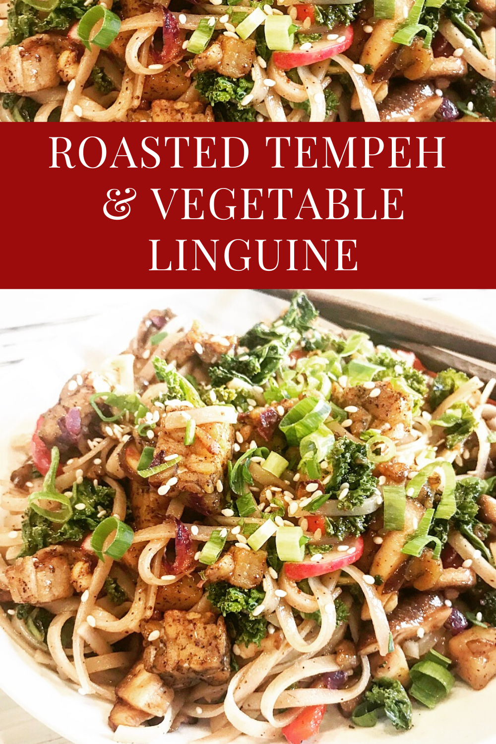 Roasted Tempeh & Vegetable Linguine Bowl - Roasted tempeh and turnips, shiitakes and red bell peppers, scallions, cabbage, kale, and radishes... all tossed together in a spicy sriracha hoisin sauce. via @thiswifecooks