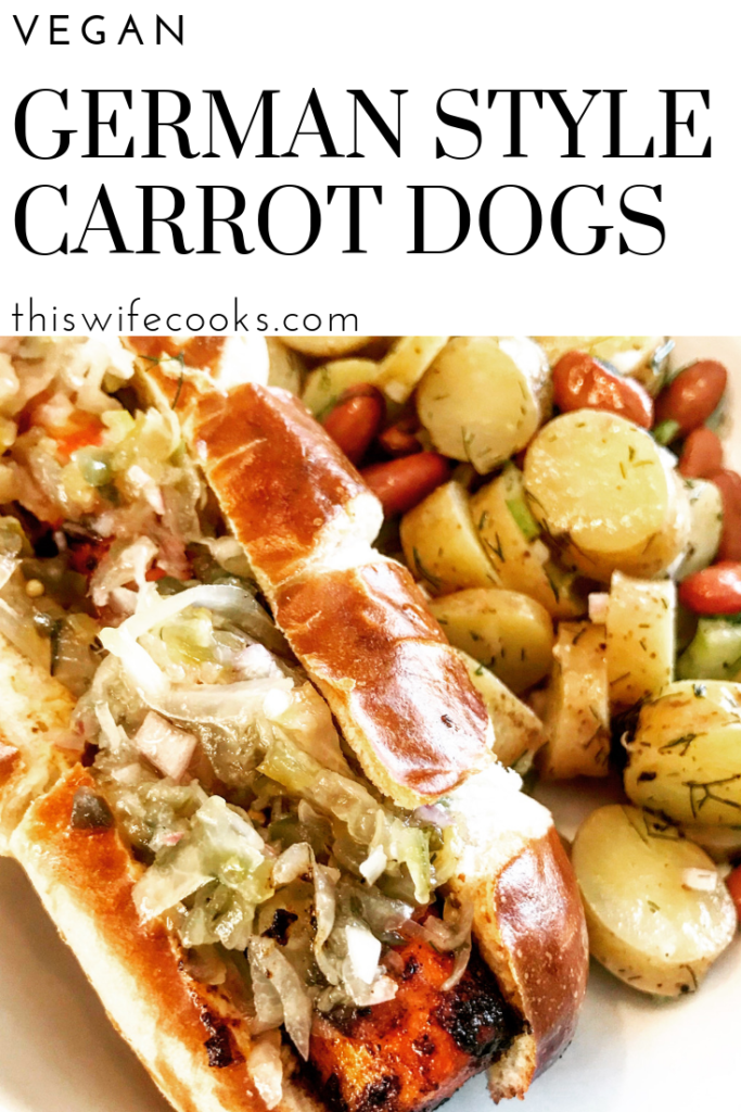 German Style Carrot Dogs ~ Pan-charred with smoky barbecue seasoning and served on toasted pretzel buns with spicy brown mustard and a mixture of sauerkraut and sweet relish, these carrot dogs are the perfect addition to your vegan Oktoberfest menu!