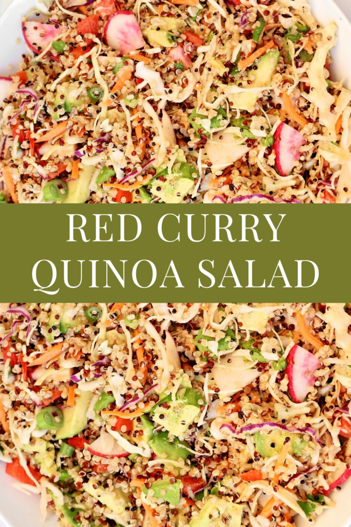 A vibrant healthy quinoa salad with shredded cabbage, carrots, red bell pepper, avocado, radishes, and green onions. Text overlay in the center reads Red Curry Quinoa Salad in bold white letters on a green background.