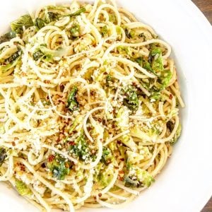 Spaghetti with Brussels Sprouts and Breadcrumbs | This company-worthy pasta dinner with in-season flavors of roasted Brussels sprouts and  lemony, toasted Panko breadcrumbs for a crisp, light touch on top is actually super easy to toss together. 