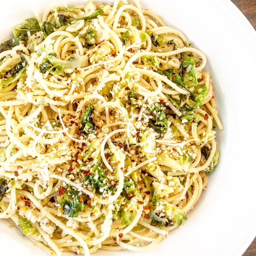 Spaghetti with Brussles Sprouts & Breadcrumbs - A company-worthy dish with flavors of roasted Brussels sprouts and lemony, toasted Panko breadcrumbs. via @thiswifecooks
