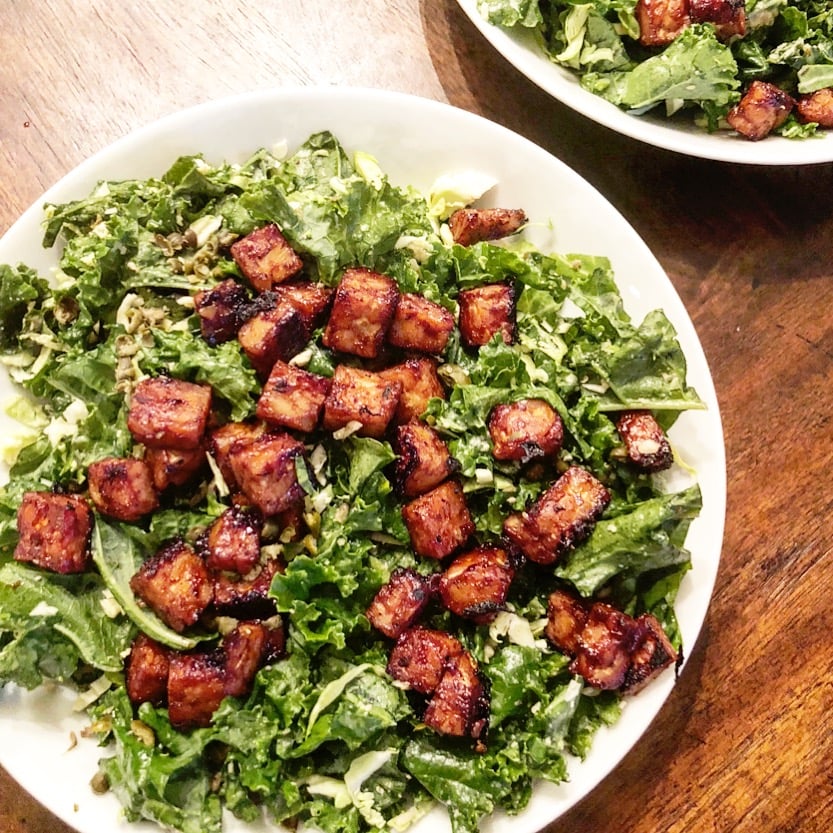 Vegan BBQ Tempeh Caesar Salad - Kick up your Salad Night with this quick & easy, smoky BBQ twist on the classic Caesar salad. via @thiswifecooks