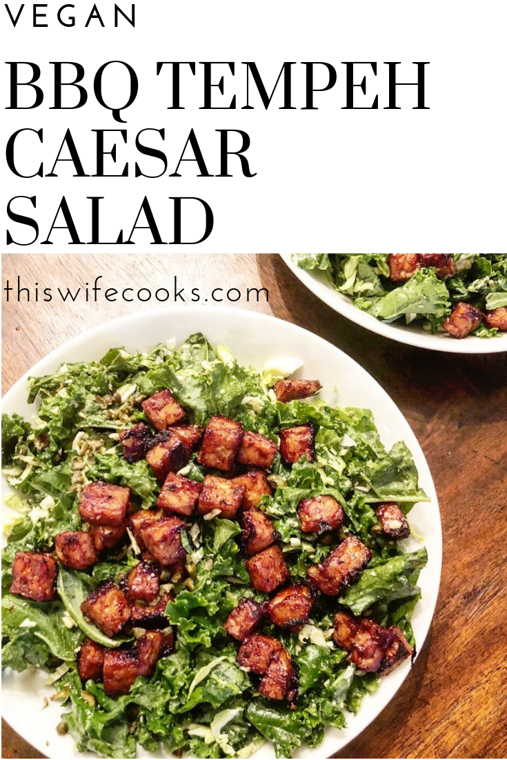 Vegan BBQ Tempeh Caesar Salad - Kick up your Salad Night with this quick & easy, smoky BBQ twist on the classic Caesar salad. via @thiswifecooks
