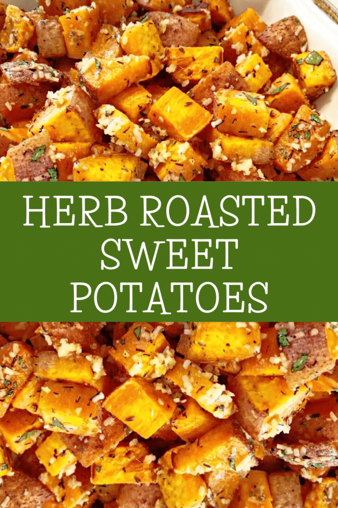 Herb Roasted Sweet Potatoes ~ Roasted sweet potatoes with garlic, thyme, and parmesan. Easy and savory side dish for the holiday table!