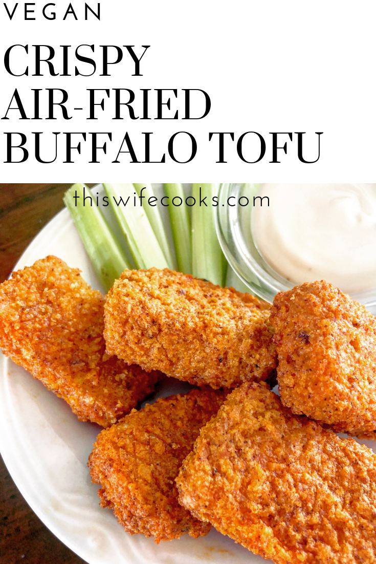 Crispy Air-Fried Buffalo Tofu - So easy and flavorful! Perfect as an appetizer, game day snack, or added to salads, and wraps! via @thiswifecooks