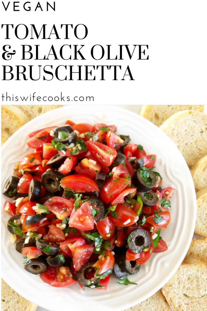 Tomato and Black Olive Bruschetta | This recipe yields a bruschetta that is both simple and elegant. Perfect for a casual picnic lunch for two or when entertaining guests at home!