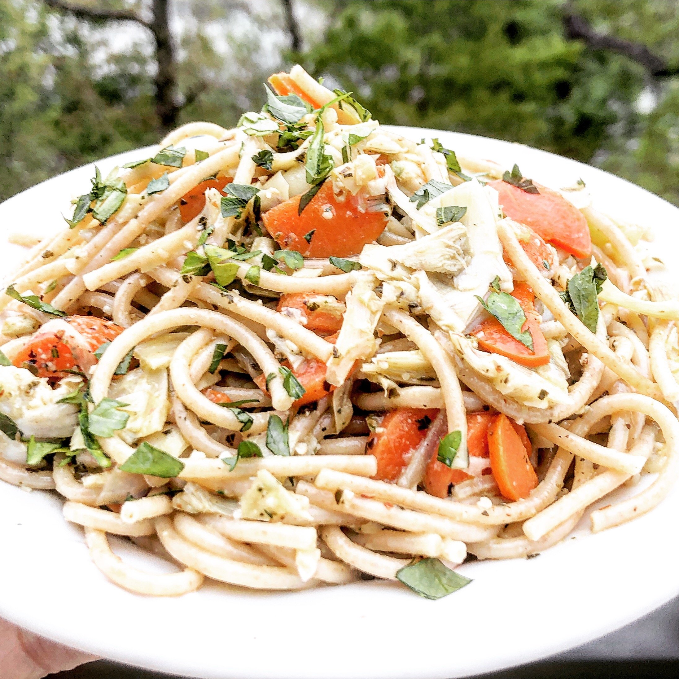 Spaghetti Barigoule is a fancy way of saying spaghetti with artichokes braised in wine, broth, or water with onions, garlic, and carrots. via @thiswifecooks