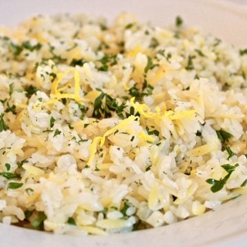 Vegan Lemon Orzo & Rice Pilaf - Orzo pasta and rice simmered in a lemon and dill-seasoned broth and topped with fresh parsley. Plus a quick and easy recipe for marinated Greek tofu kabobs!