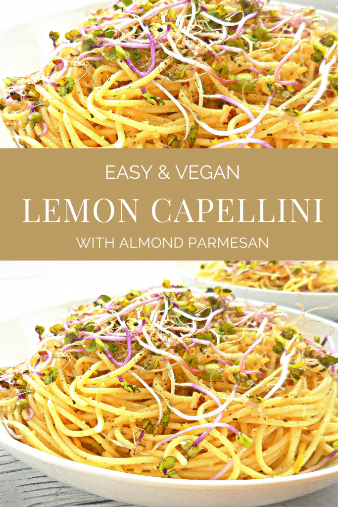 Lemon Capellini with Homemade Vegan Almond Parmesan - A quick and easy chilled pasta perfect for a weeknight dinner or make-ahead for a summertime potluck.