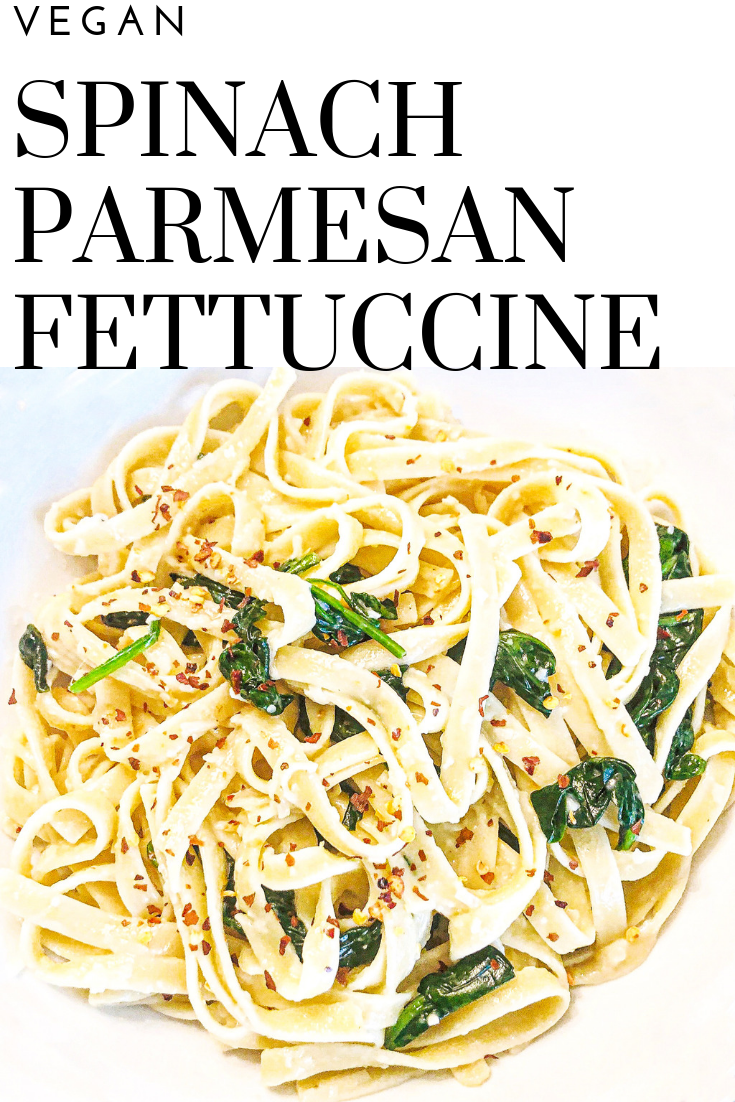 Vegan Spinach Parmesan Fettuccine - Just 5 ingredients! Vegan spinach parmesan fettuccine is a favorite go-to meal when we're short on time or crave the simplicity of an easy, no-fuss dinner. via @thiswifecooks