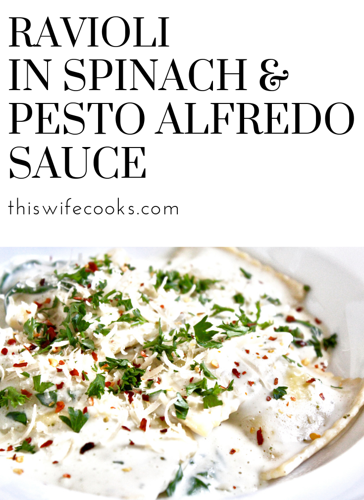 Ravioli in Spinach & Pesto Alfredo Sauce - This recipe combines fresh ravioli with an easy, cheesy homemade pesto Alfredo sauce and fresh spinach for an easy and decadent dinner in 30 minutes.

 via @thiswifecooks