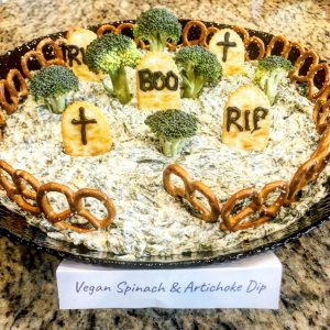 5-Ingredient Vegan Spinach and Artichoke Dip with graveyard presentation - perfect for Halloween!