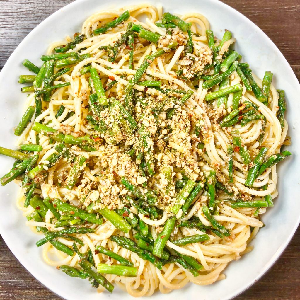 Spaghetti Aglio e Olio with Asparagus & Homemade Pecan Parmesan