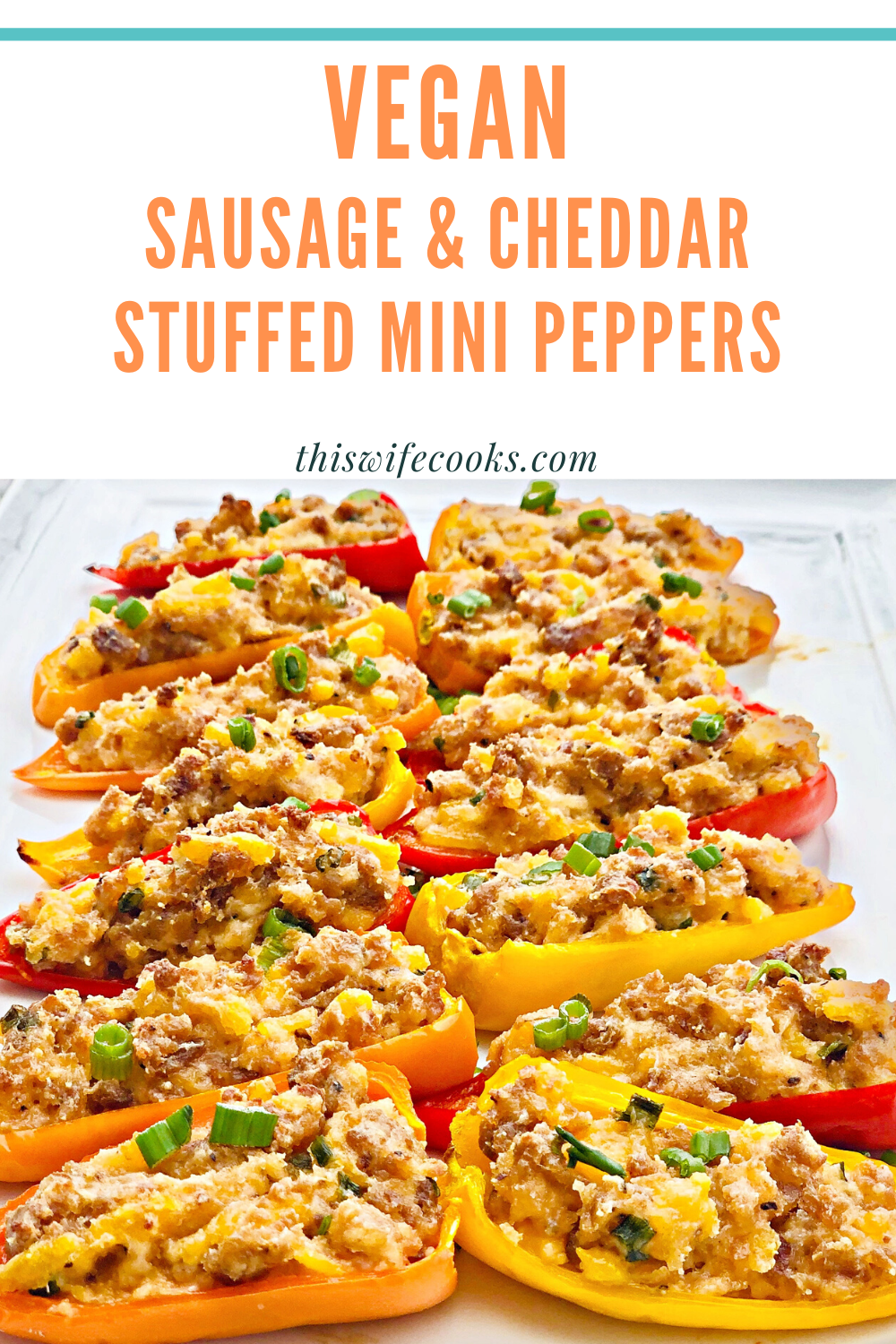 Vegan Sausage and Cheddar Stuffed Mini Peppers | Sweet mini peppers are stuffed with a savory filling of simple ingredients then baked for an easy make-ahead appetizer! These colorful, flavorful crowd-pleasing bites are ready to serve in under 30 minutes! | thiswifecooks.com | #veganappetizers #veganstuffedpeppers #thiswifecooksrecipes via @thiswifecooks