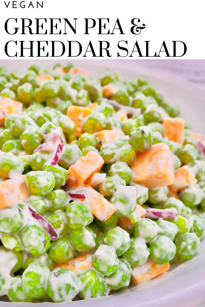 Green Pea and Cheddar Salad - A classic side dish made with only a handful of simple plant-based ingredients! #veganpotluck #veganeasterrecipes #plantbasedsidedish #thiswifecooksrecipes #easyveganrecipes #veganbrunchrecipes #veganpeasalad #veganbbqside #classicsaladrecipes #simplesidedish