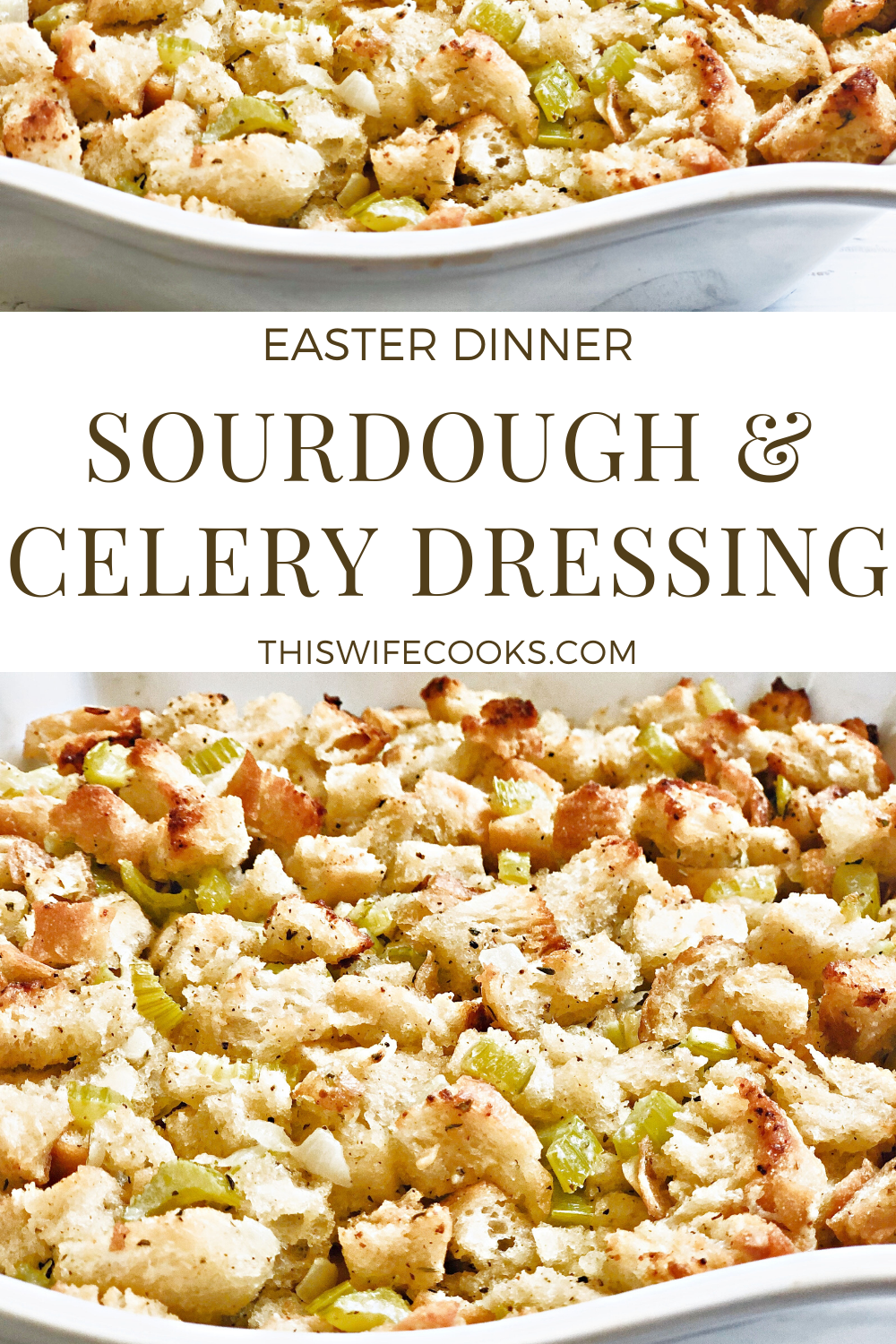 Sourdough and Celery Dressing - A hearty and savory baked casserole dressing that is easy to make and perfect for the holiday table!

#sourdoughdressingrecipe #classicthanksgivingdressing #veganthanksgivingrecipes #pantbasedthanksgiving #veganeasterrecipes #veganbrunchrecipes #plantbaseddinnerideas #thiswifecooksrecipes #breadstuffing via @thiswifecooks
