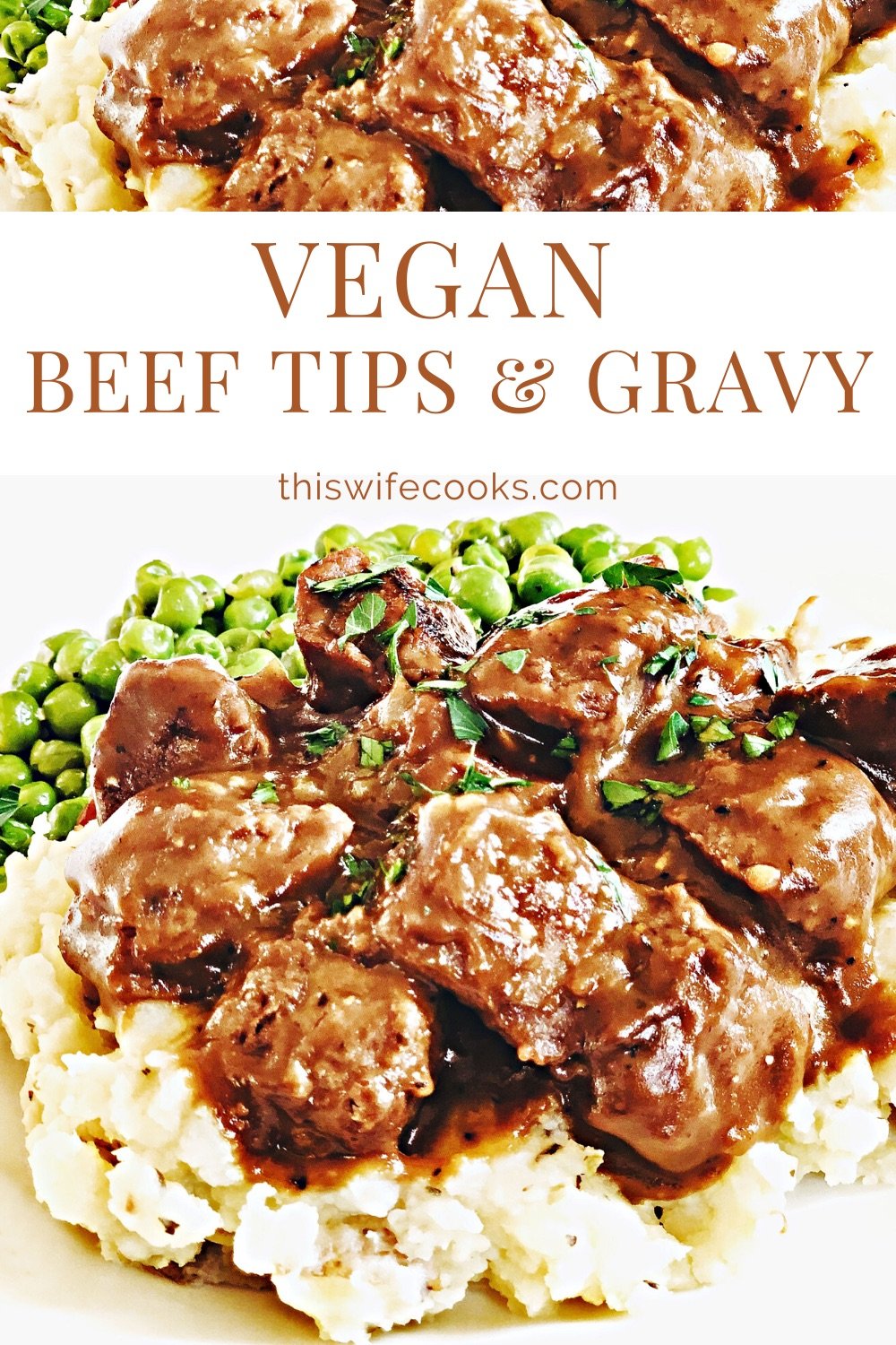 Vegan Beef Tips and Gravy - A hearty and delicious plant-based version of the meat and potatoes classic! #veganbeefrecipes #veganbeeftipsandgravy #veganbeeftipsrecipes #plantbasedbeefrecipes #thiswifecooksrecipes #veganquarantinerecipes #gardeinrecipes #easyvegandinnerrecipes via @thiswifecooks