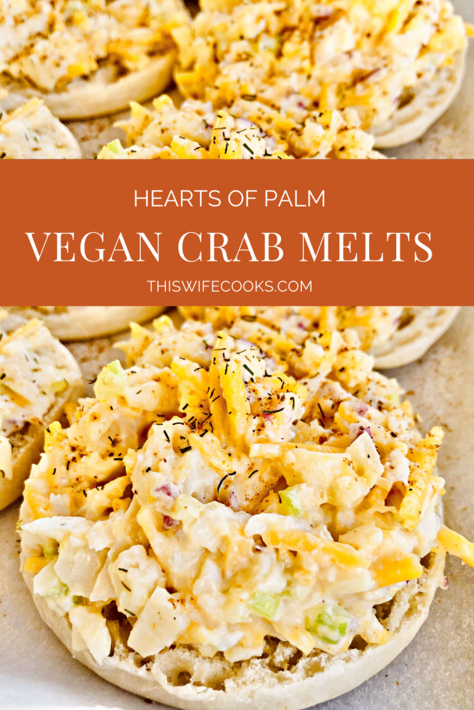 Vegan Crab Melts - Hearts of palm makes a satisfying stand-in for crab in this plant-based and open-faced sandwich perfect for a light dinner, lunch, or brunch. Shredded hearts of palm are combined with vegan mayo and cheddar cheese, celery, red onion, lemon juice, and seasonings then piled onto lightly toasted English muffins. Next, a quick trip under the broiler, just enough to melt the cheese, and these super easy melts are ready to serve. #crabmelts #veganseafoodrecipes #vegancrabmelts #veganbrunchrecipes #thiswifecooksrecipes #easyplantbaseddinner #heartsofpalmrecipes #vegancrabrecipes