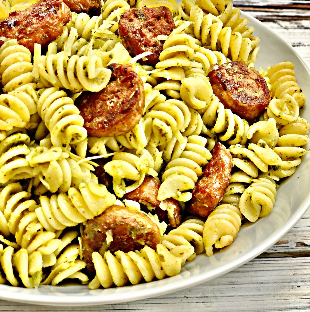Pesto Pasta with Sausage - A savory and satisfying skillet dinner made with spicy plant-based sausage. Ready to serve in about 30 minutes. 