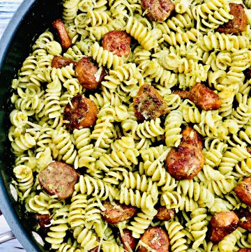 Pesto Pasta with Sausage - A savory and satisfying skillet dinner made with spicy plant-based sausage. Ready to serve in about 30 minutes.