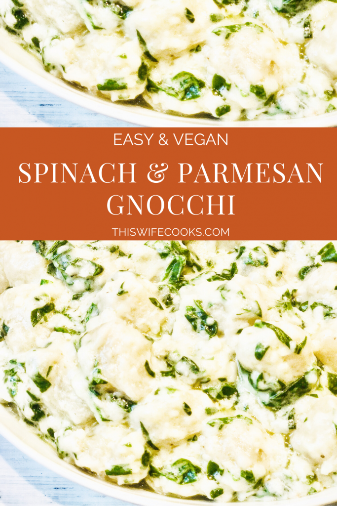 Spinach and Parmesan Gnocchi | A rich and creamy main dish or side dish made with dairy-free spinach and parmesan cheese sauce. Ready to serve in under 30 minutes!