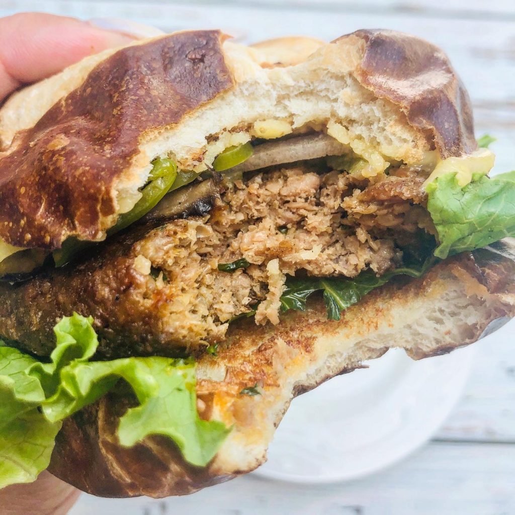 Vegan Sausage Burgers ~ Sausage burgers made with a blend of meatless ground beef, spicy sausage & seasonings. These robust burgers will wow even the most skeptical meat-eaters!