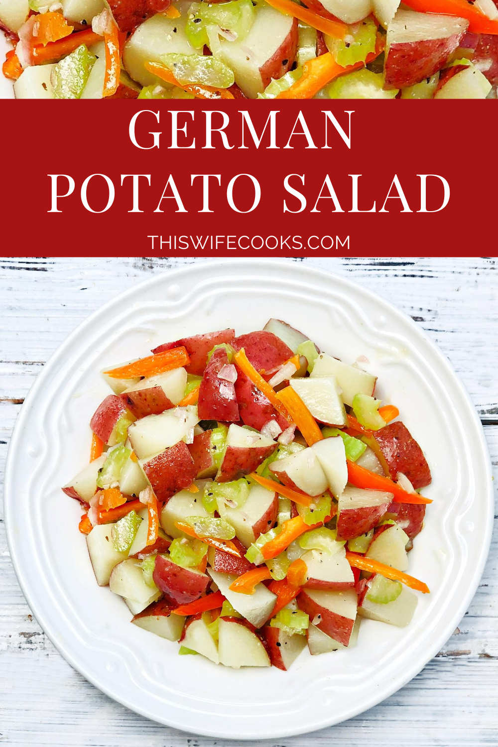 German Potato Salad ~ A tangy Dijon and vinegar-based potato salad made with baby red potatoes, celery, shallot, and sweet bell peppers. Ready to serve in 20 minutes or less! via @thiswifecooks