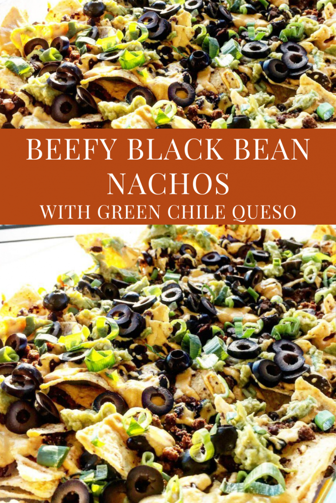 Beefy Black Bean Nachos ~ Easy to make and always a crowd-pleaser! These loaded vegan nachos drizzled with dairy-free Green Chile Queso are perfect for game day snacking.