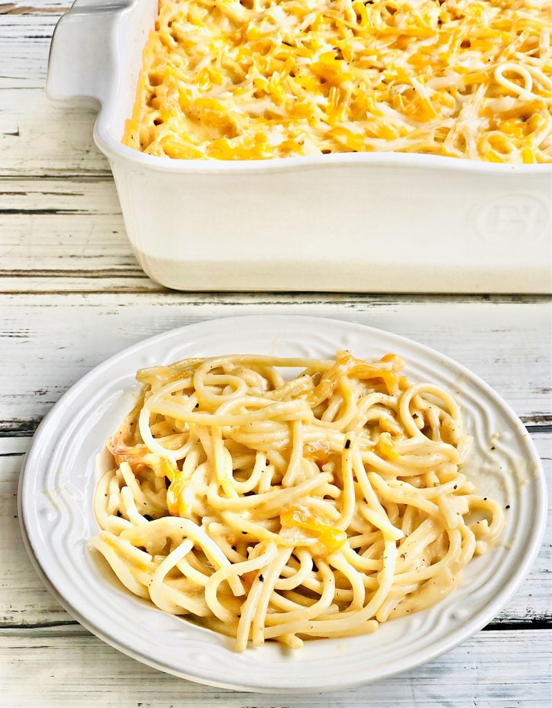 Easy Cheesy Tetrazzini ~ Spaghetti pasta tossed in a rich and creamy, dairy-free cheese sauce then baked for an ultra comforting casserole the whole family will love. This kid-friendly pasta bake is ready to serve in about an hour.