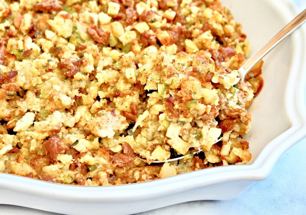 Sausage Stuffing ~  Upgrade store-bought stuffing mix with fresh veggies and plant-based sausage. This savory classic Thanksgiving side dish is ready to serve in about 30 minutes.