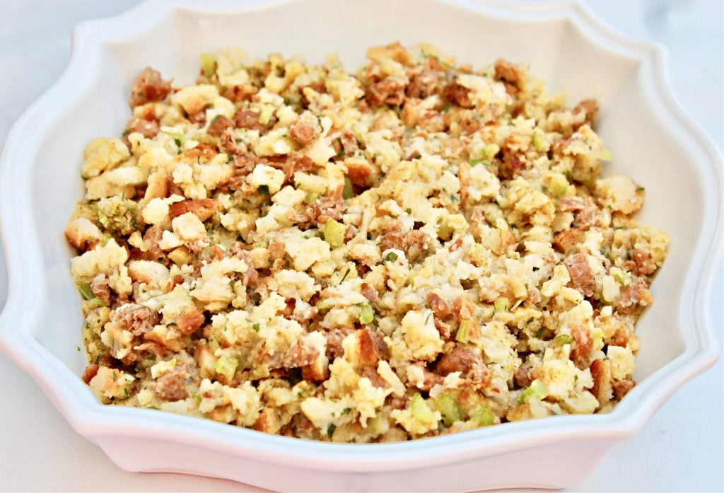 Sausage Stuffing ~  Upgrade store-bought stuffing mix with fresh veggies and plant-based sausage. This savory classic Thanksgiving side dish is ready to serve in about 30 minutes.