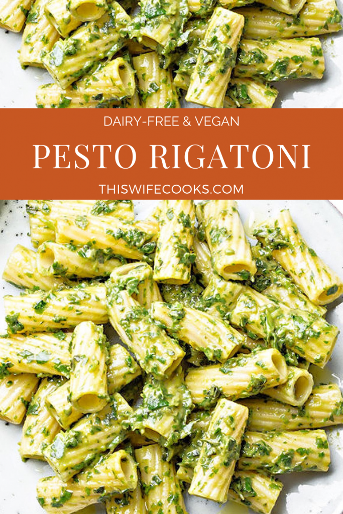 Pesto Rigatoni ~ Fresh homemade basil pesto tossed with rigatoni pasta for a quick and easy weeknight meal. Ready to serve in 20 minutes or less!